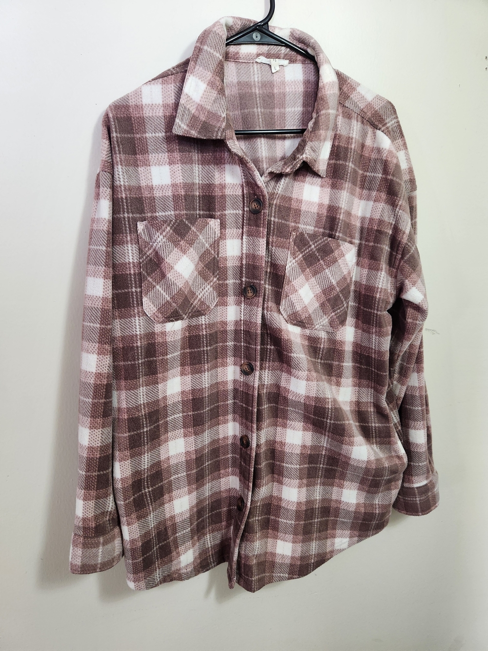 Womens Fleece Plaid Button-Up Shirt Jacket in Brown and Cream L Large